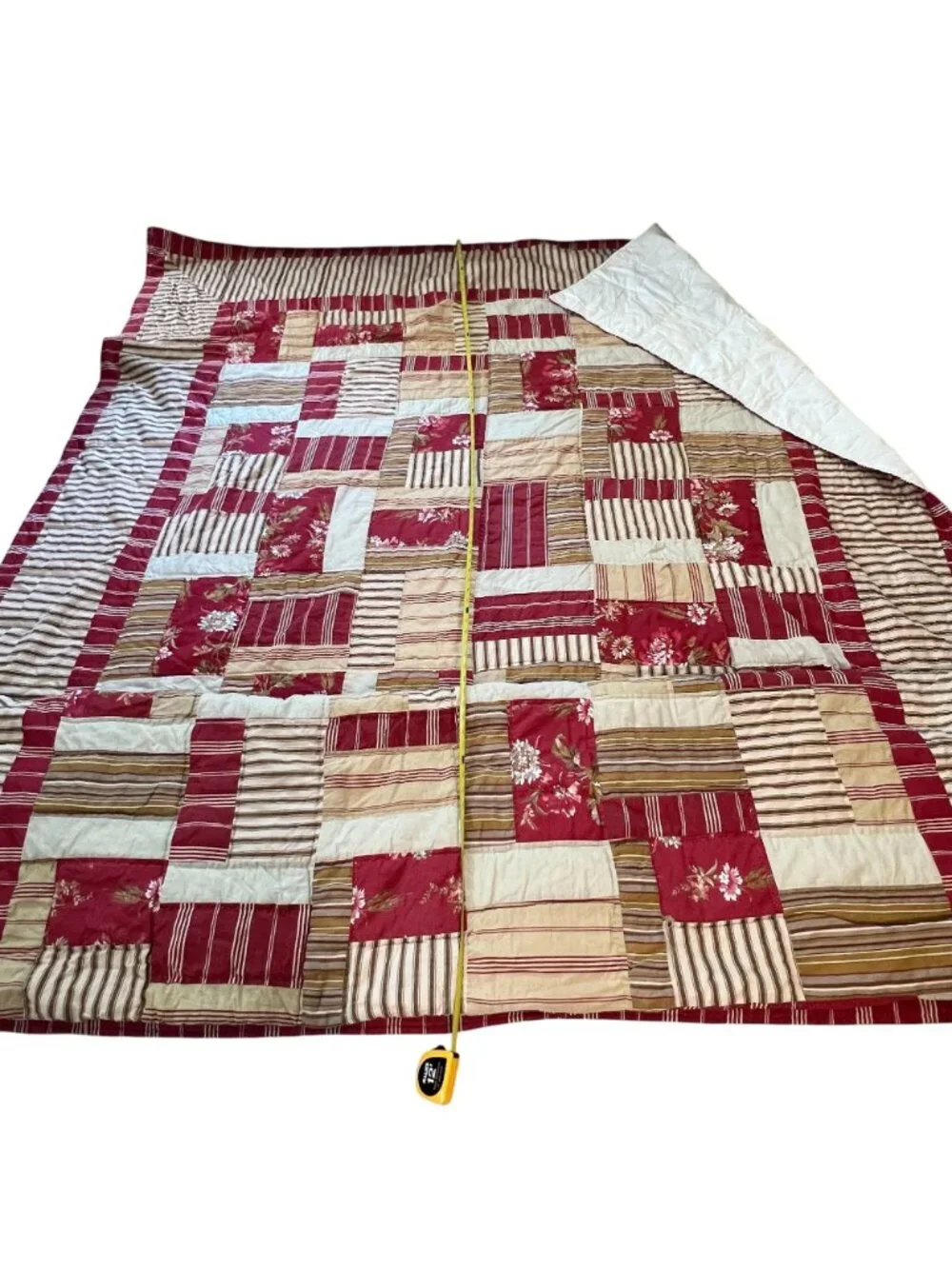 Two Handmade Quilted Patchwork Blankets Stripes Floral RED CRM French Cottage